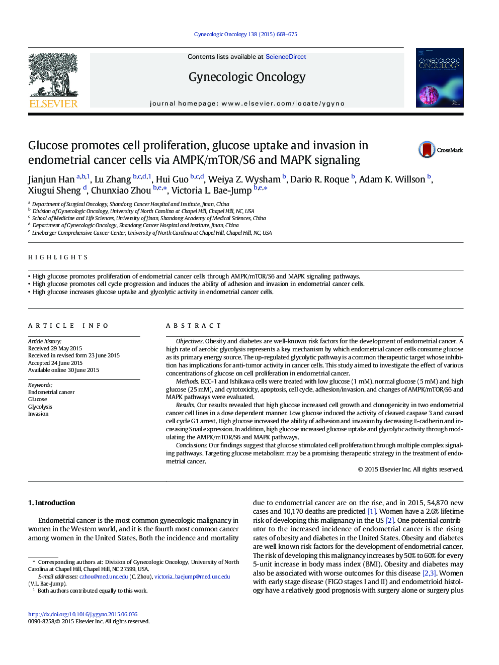 Glucose promotes cell proliferation, glucose uptake and invasion in endometrial cancer cells via AMPK/mTOR/S6 and MAPK signaling