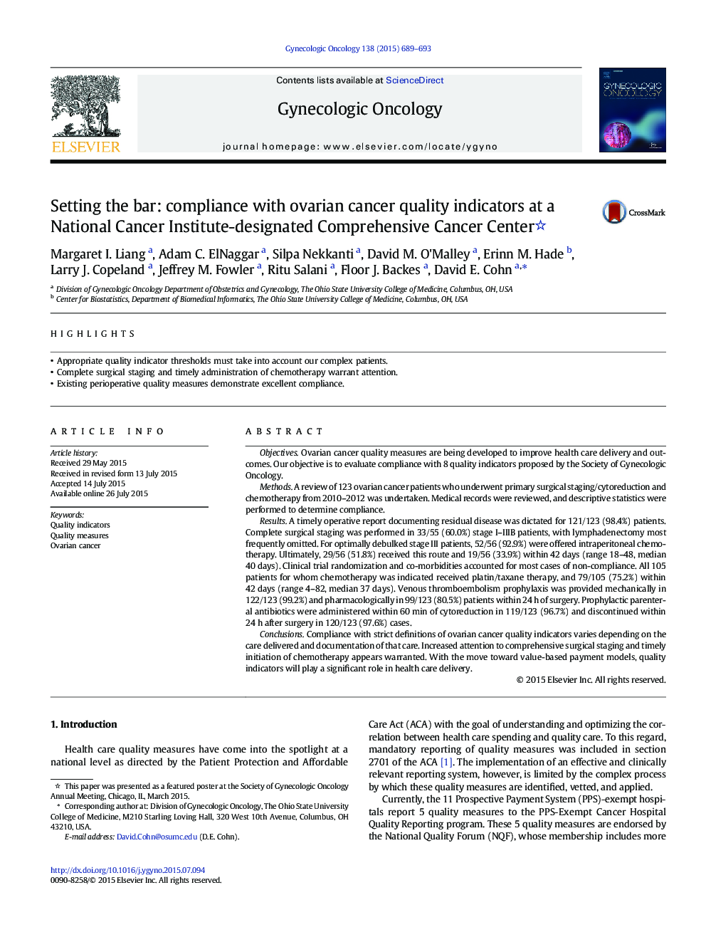 Setting the bar: compliance with ovarian cancer quality indicators at a National Cancer Institute-designated Comprehensive Cancer Center 