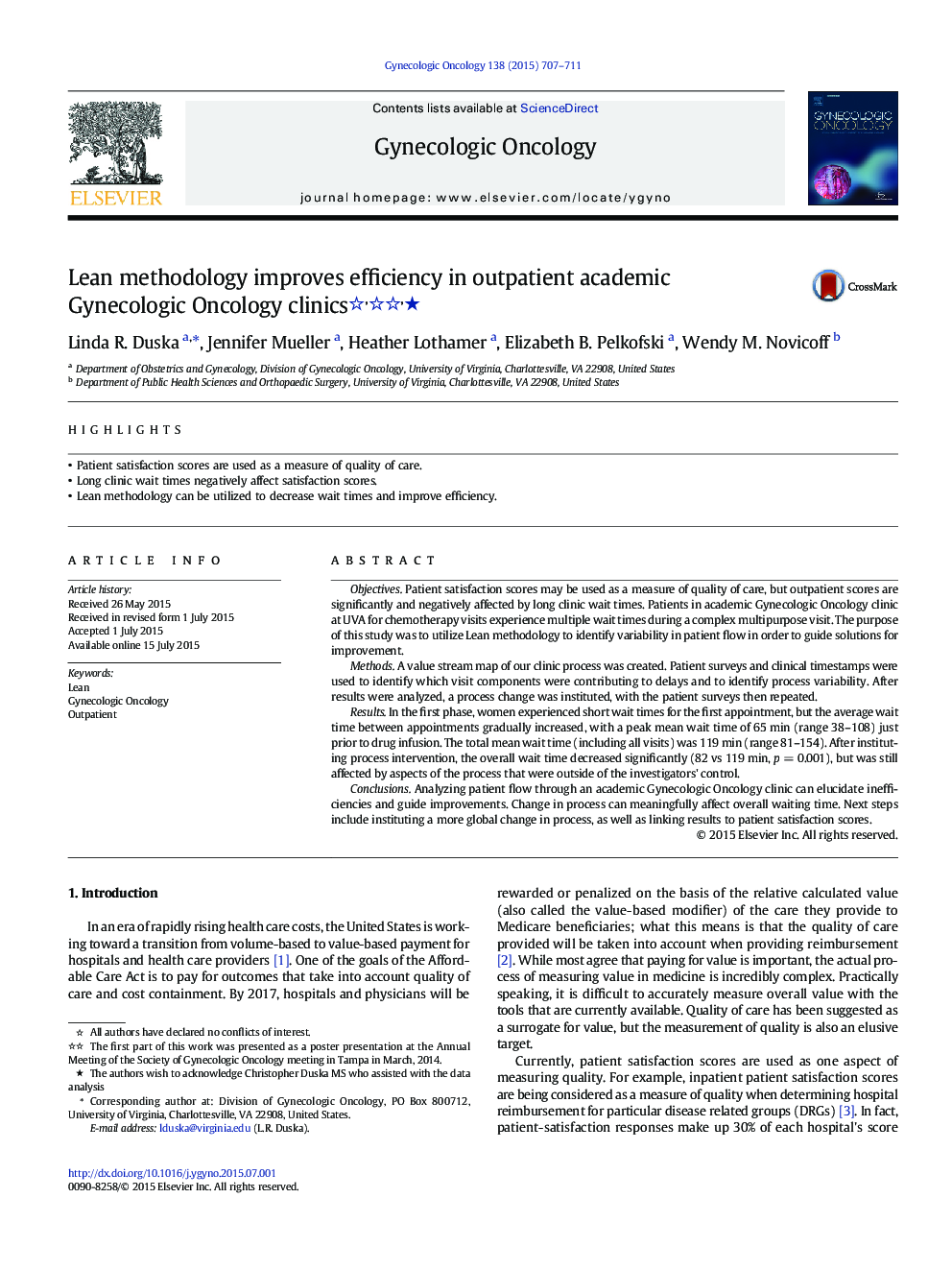 Lean methodology improves efficiency in outpatient academic Gynecologic Oncology clinics ★