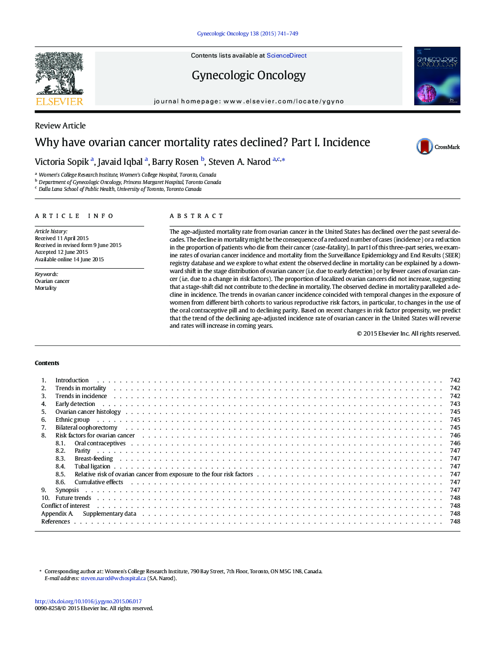 Why have ovarian cancer mortality rates declined? Part I. Incidence