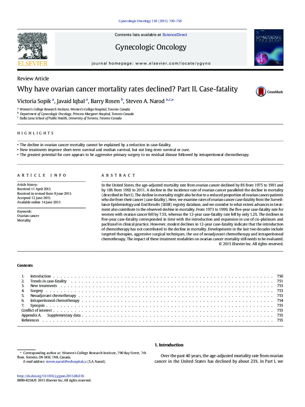 Why have ovarian cancer mortality rates declined? Part II. Case-fatality