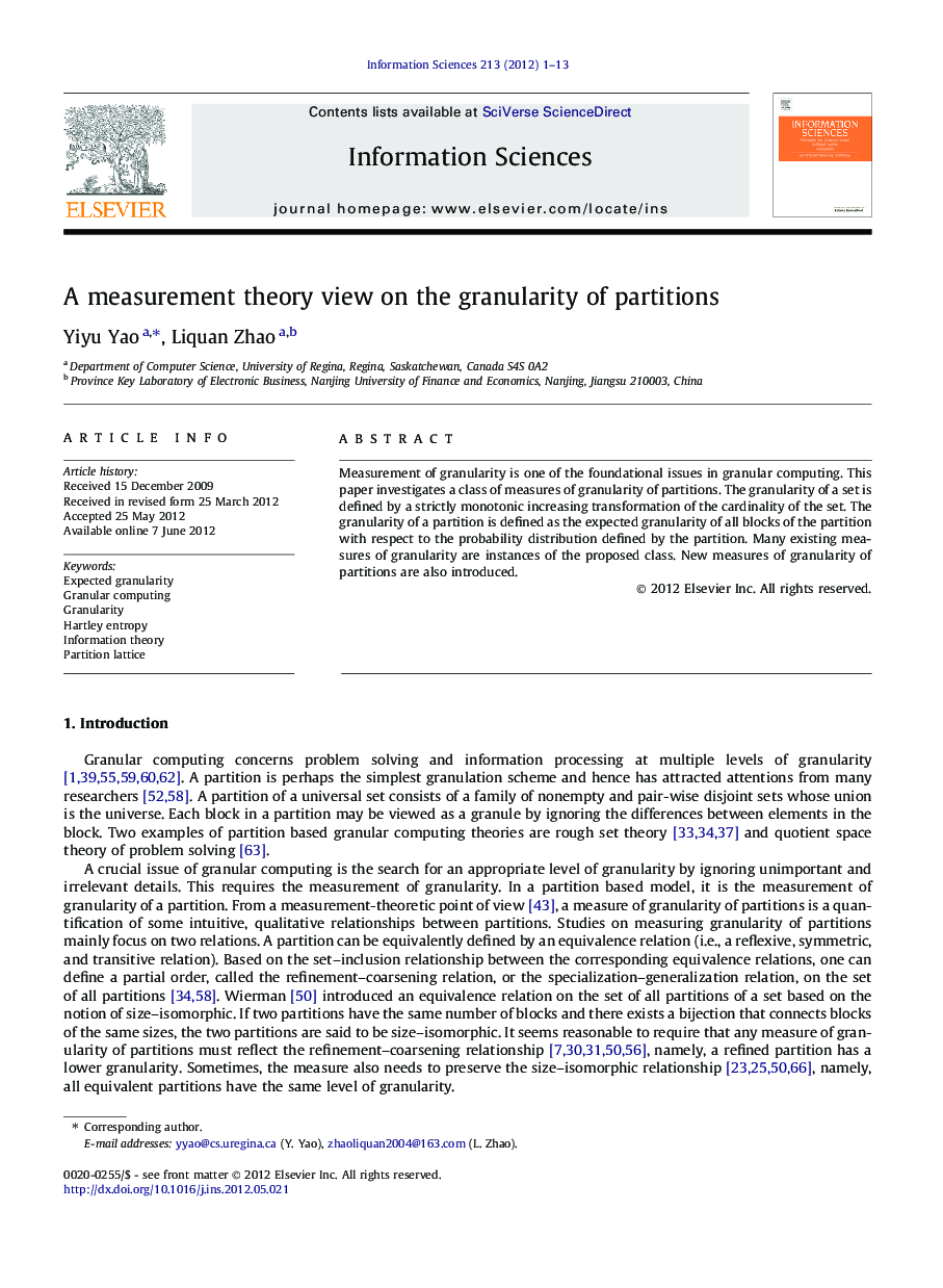 A measurement theory view on the granularity of partitions