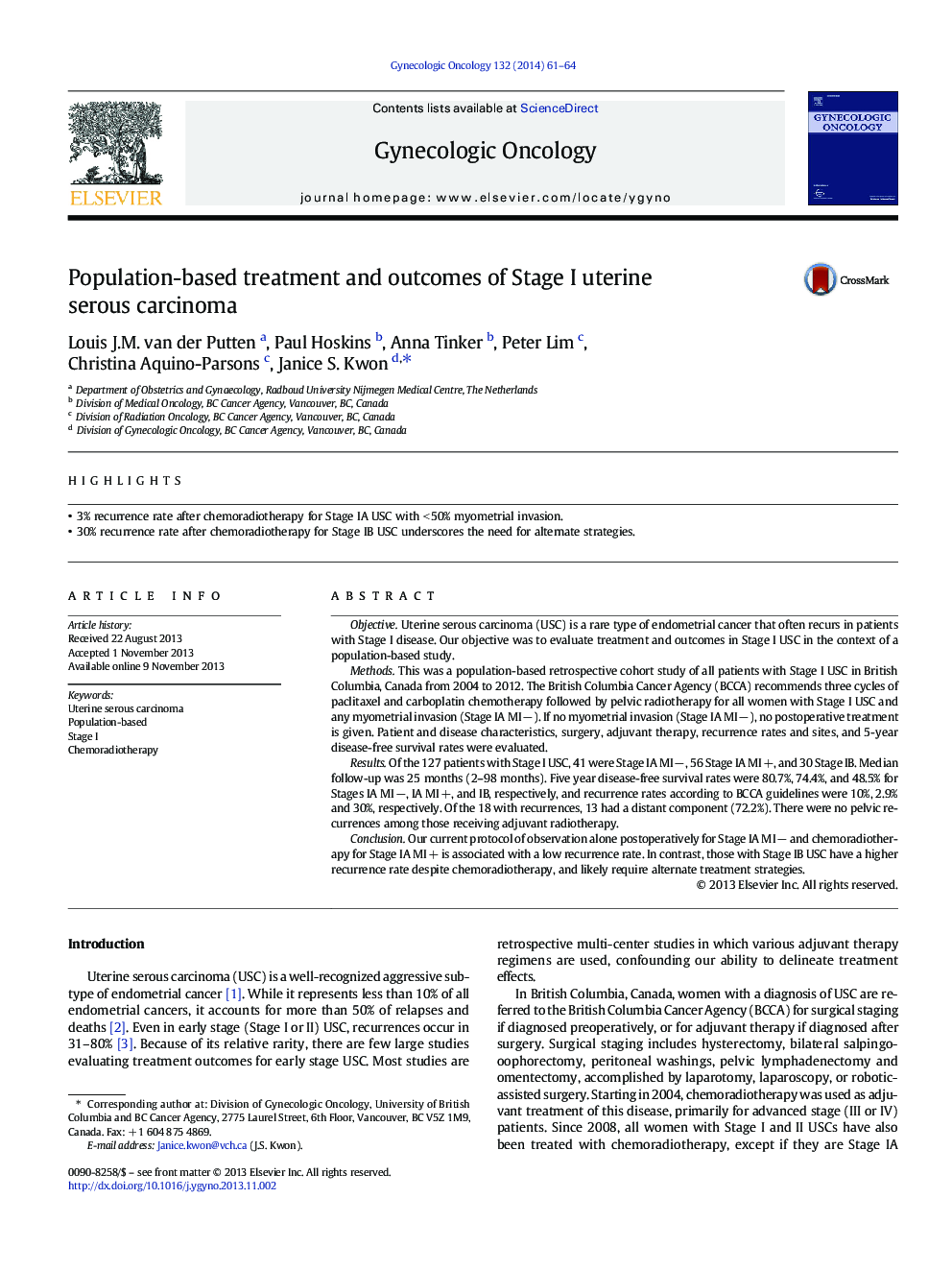 Population-based treatment and outcomes of Stage I uterine serous carcinoma