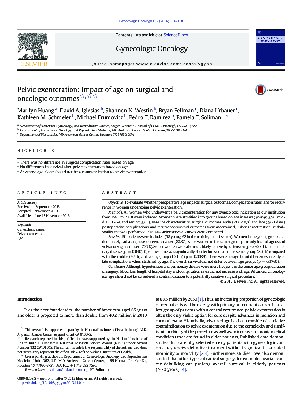 Pelvic exenteration: Impact of age on surgical and oncologic outcomes 