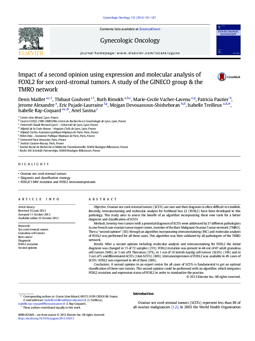 Impact of a second opinion using expression and molecular analysis of FOXL2 for sex cord-stromal tumors. A study of the GINECO group & the TMRO network