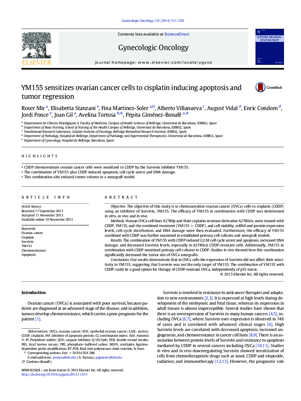 YM155 sensitizes ovarian cancer cells to cisplatin inducing apoptosis and tumor regression