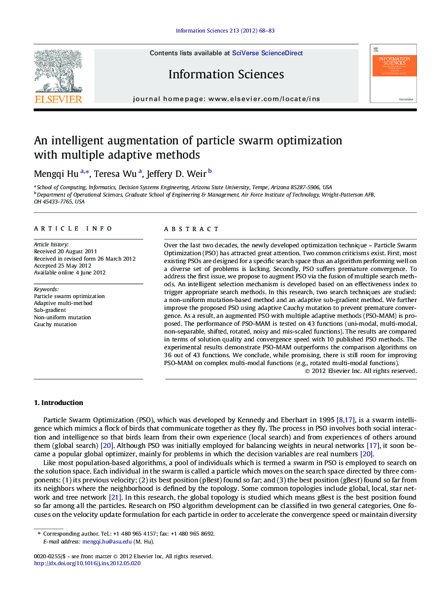 An intelligent augmentation of particle swarm optimization with multiple adaptive methods