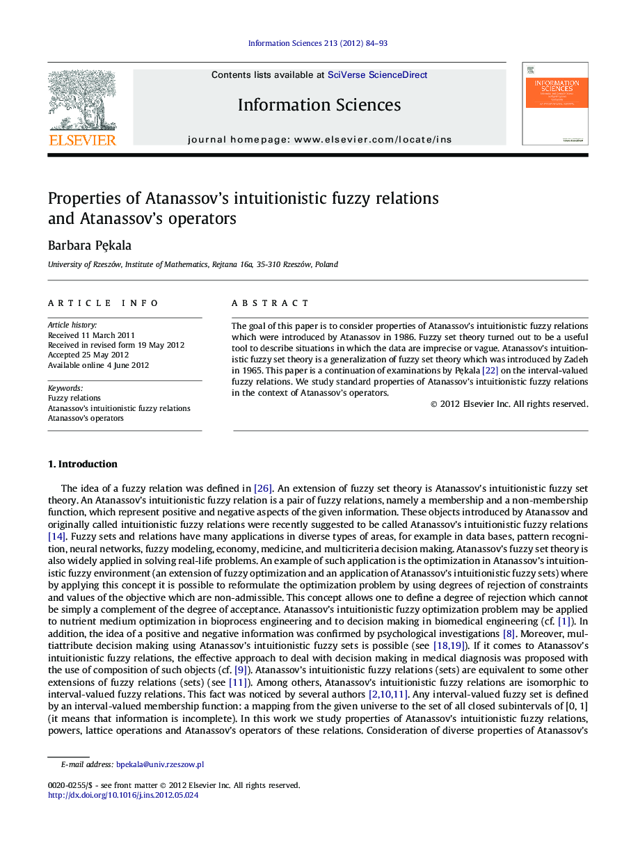 Properties of Atanassov’s intuitionistic fuzzy relations and Atanassov’s operators