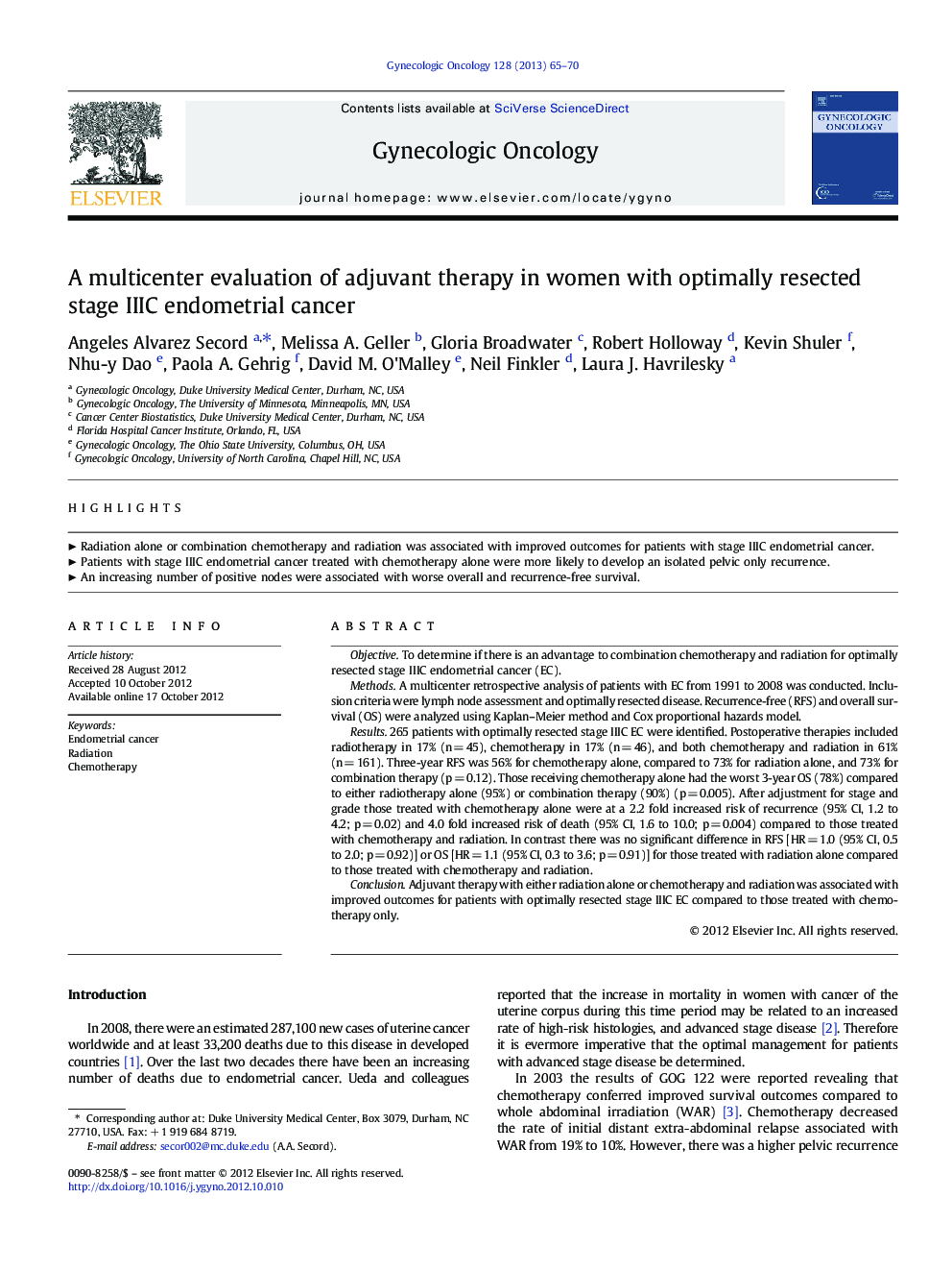 A multicenter evaluation of adjuvant therapy in women with optimally resected stage IIIC endometrial cancer