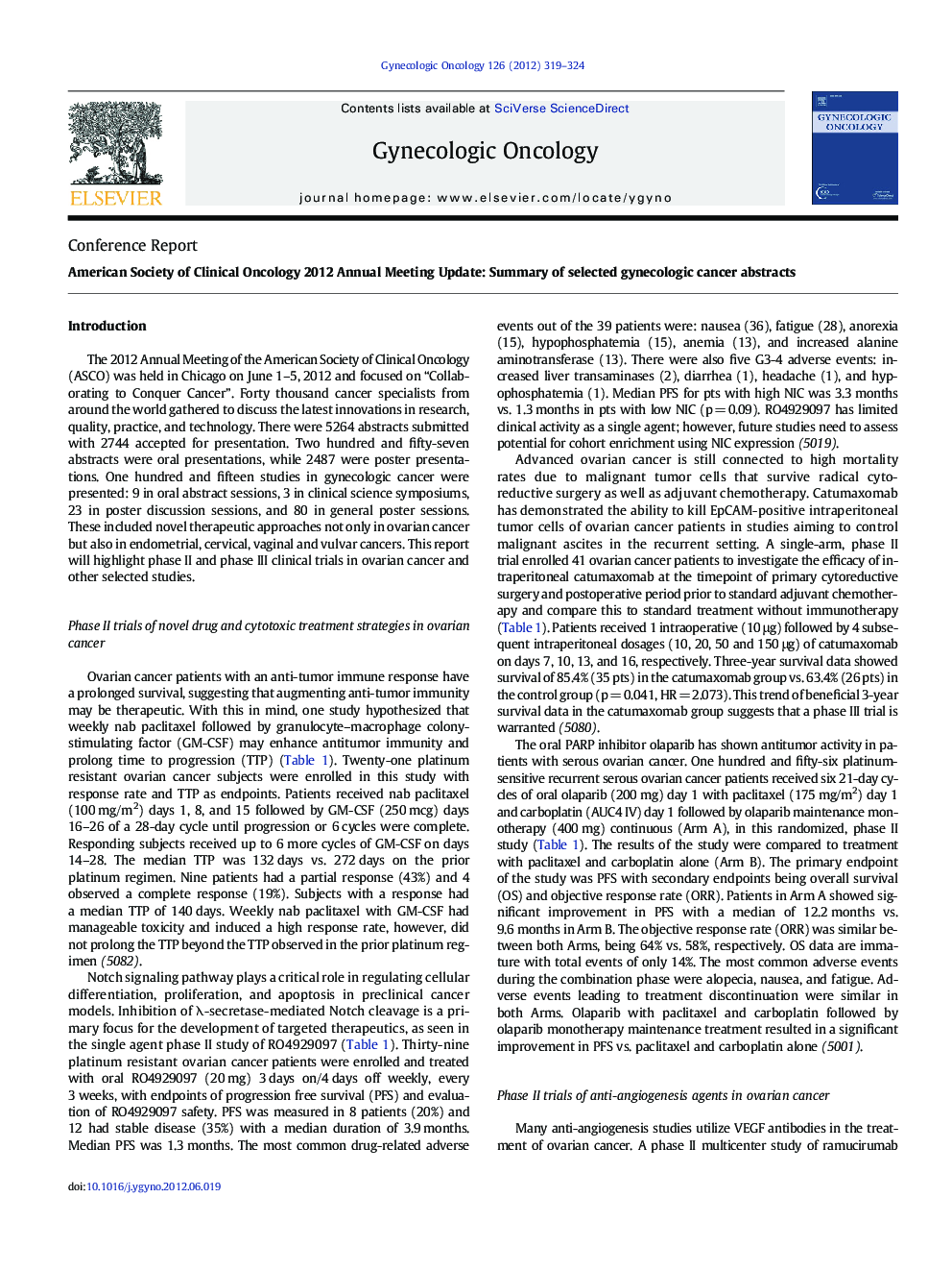 American Society of Clinical Oncology 2012 Annual Meeting Update: Summary of selected gynecologic cancer abstracts