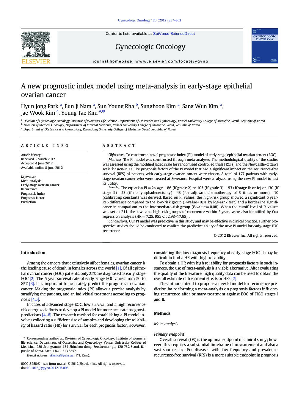 A new prognostic index model using meta-analysis in early-stage epithelial ovarian cancer