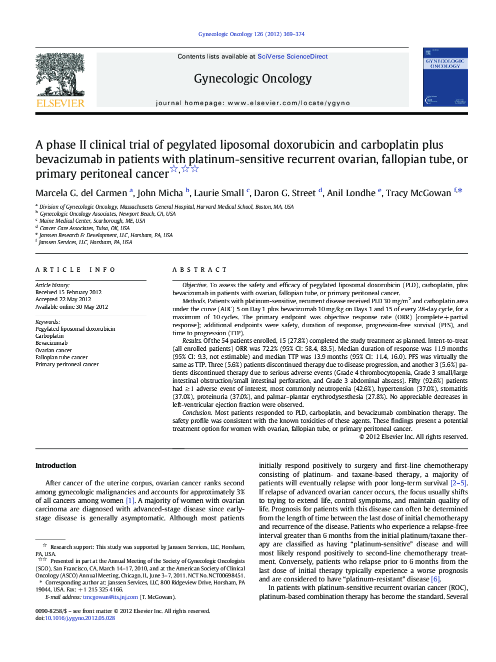 A phase II clinical trial of pegylated liposomal doxorubicin and carboplatin plus bevacizumab in patients with platinum-sensitive recurrent ovarian, fallopian tube, or primary peritoneal cancer 