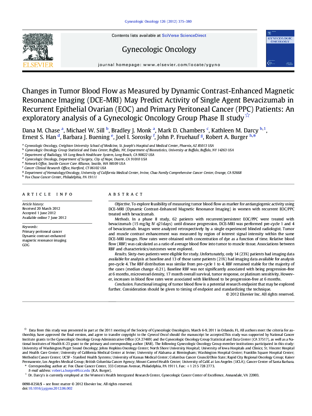 Changes in Tumor Blood Flow as Measured by Dynamic Contrast-Enhanced Magnetic Resonance Imaging (DCE-MRI) May Predict Activity of Single Agent Bevacizumab in Recurrent Epithelial Ovarian (EOC) and Primary Peritoneal Cancer (PPC) Patients: An exploratory a