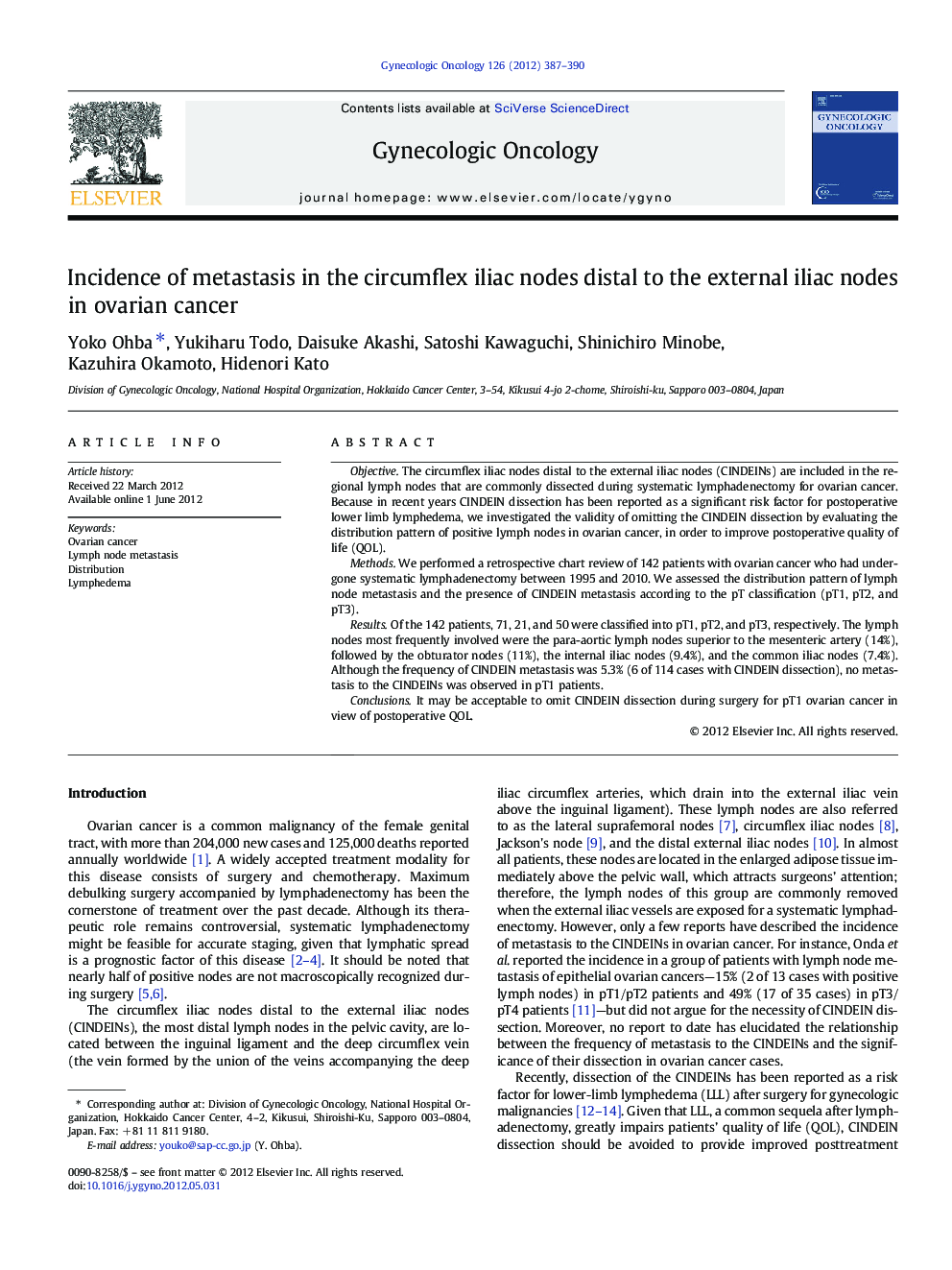 Incidence of metastasis in the circumflex iliac nodes distal to the external iliac nodes in ovarian cancer