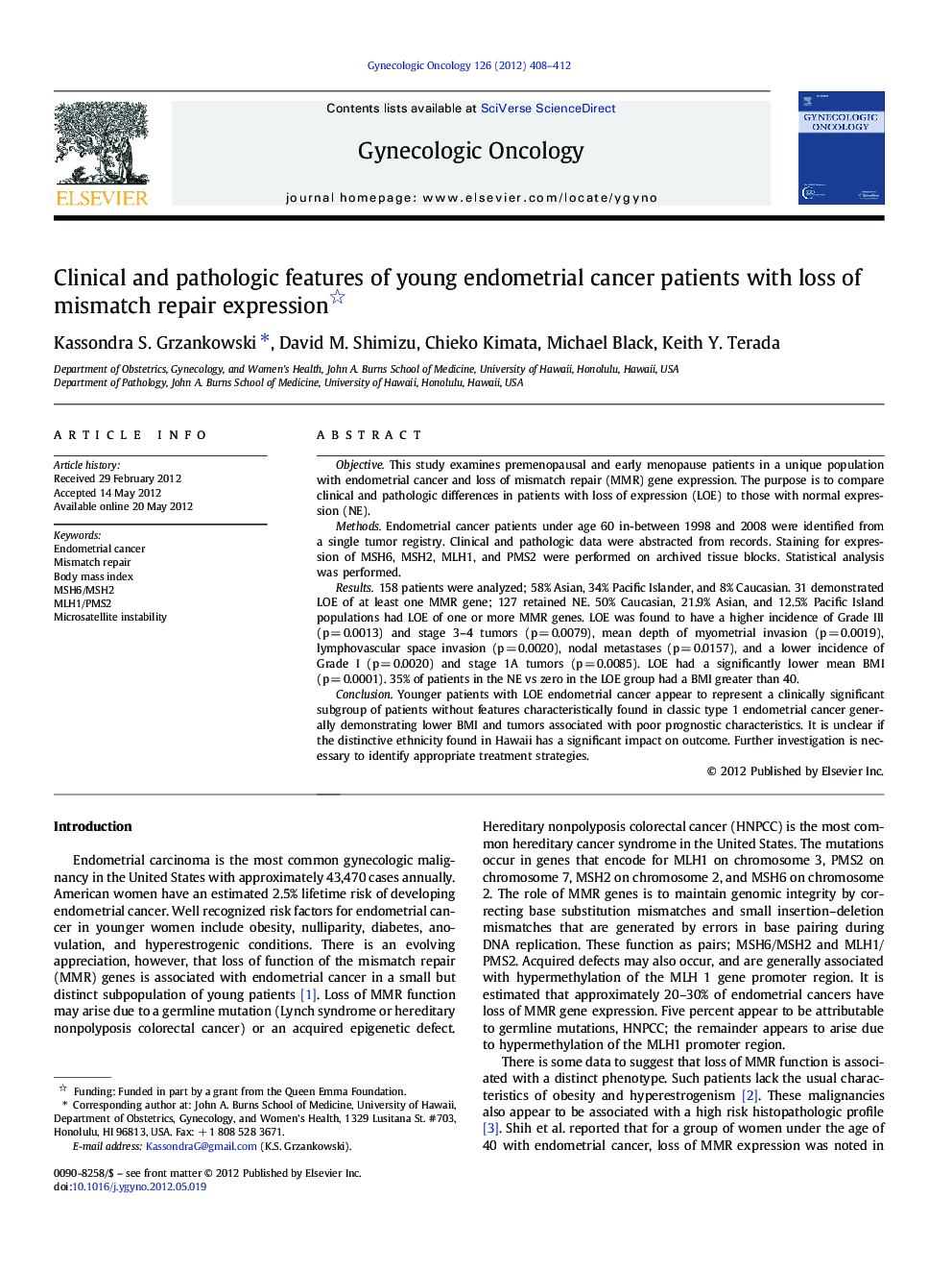 Clinical and pathologic features of young endometrial cancer patients with loss of mismatch repair expression 