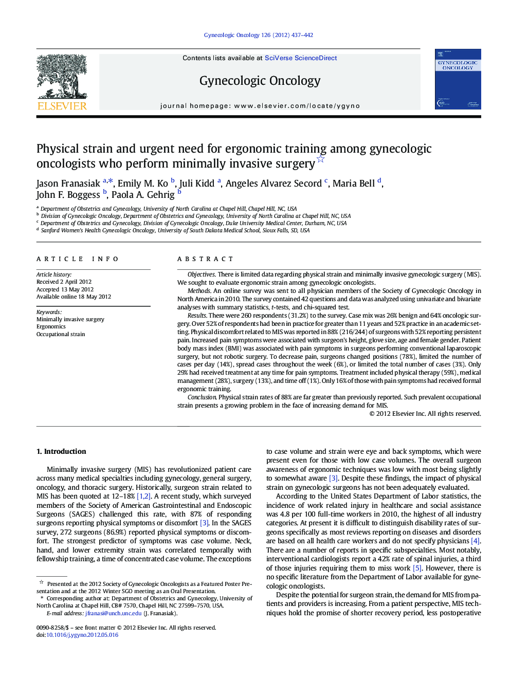 Physical strain and urgent need for ergonomic training among gynecologic oncologists who perform minimally invasive surgery 