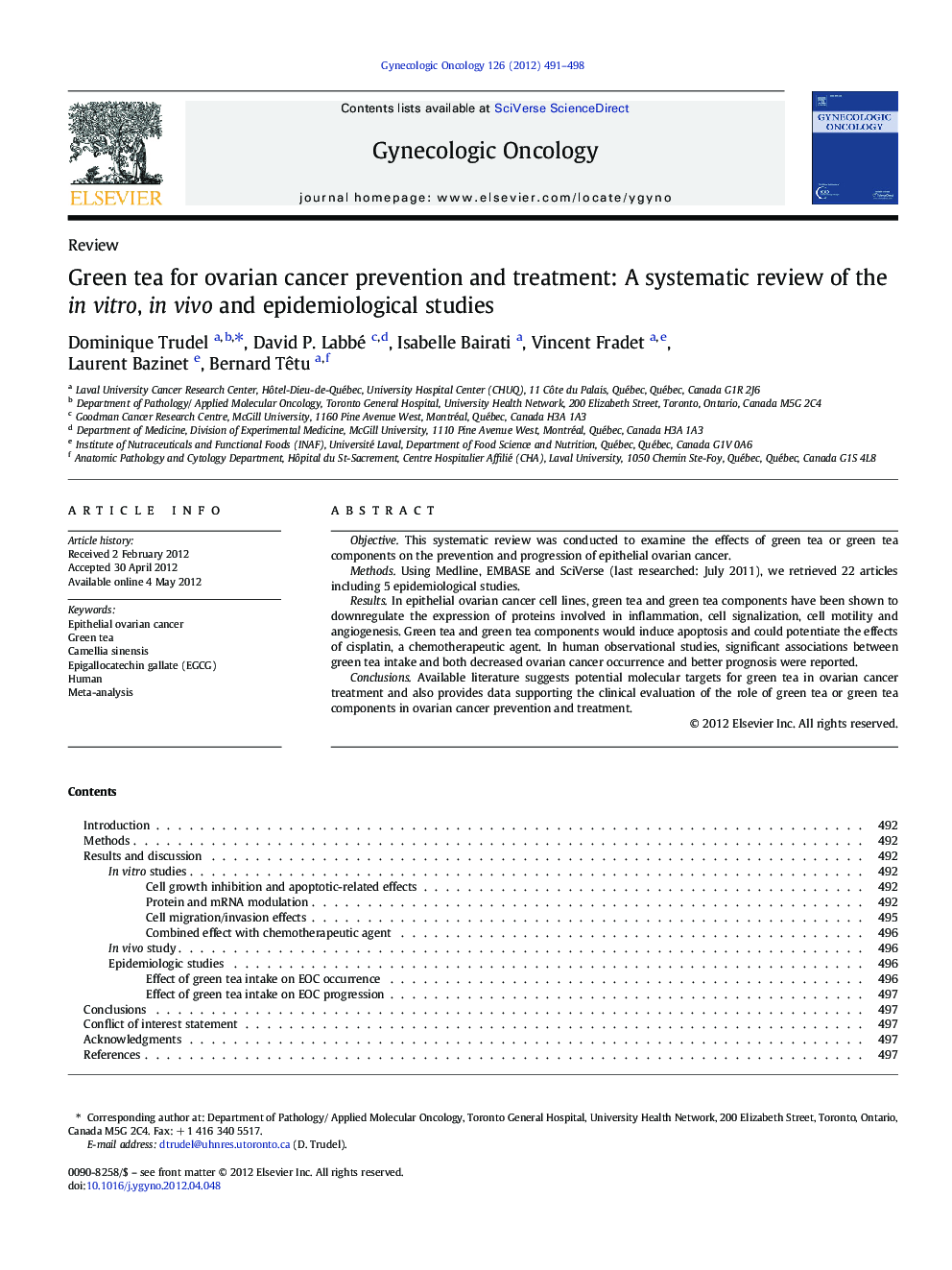 Green tea for ovarian cancer prevention and treatment: A systematic review of the in vitro, in vivo and epidemiological studies