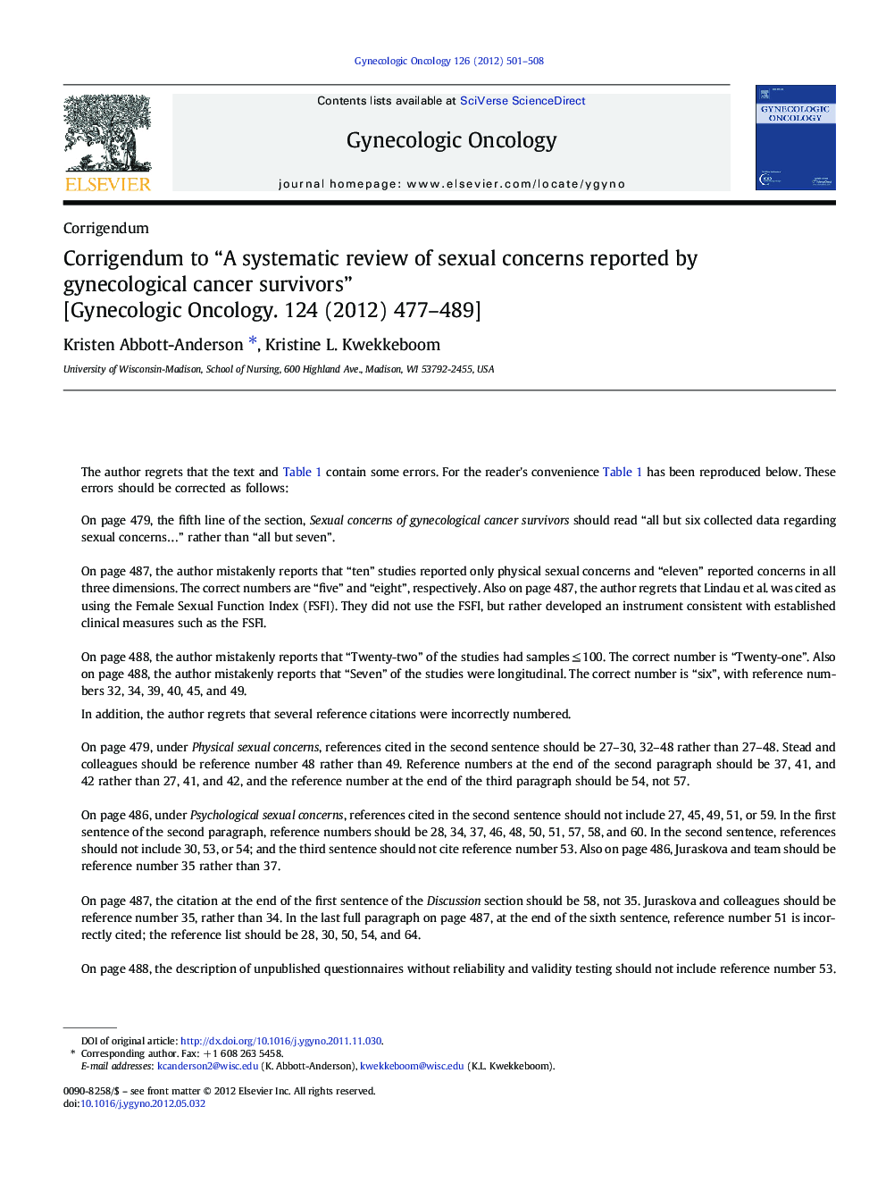 Corrigendum to “A systematic review of sexual concerns reported by gynecological cancer survivors” [Gynecologic Oncology. 124 (2012) 477-489]
