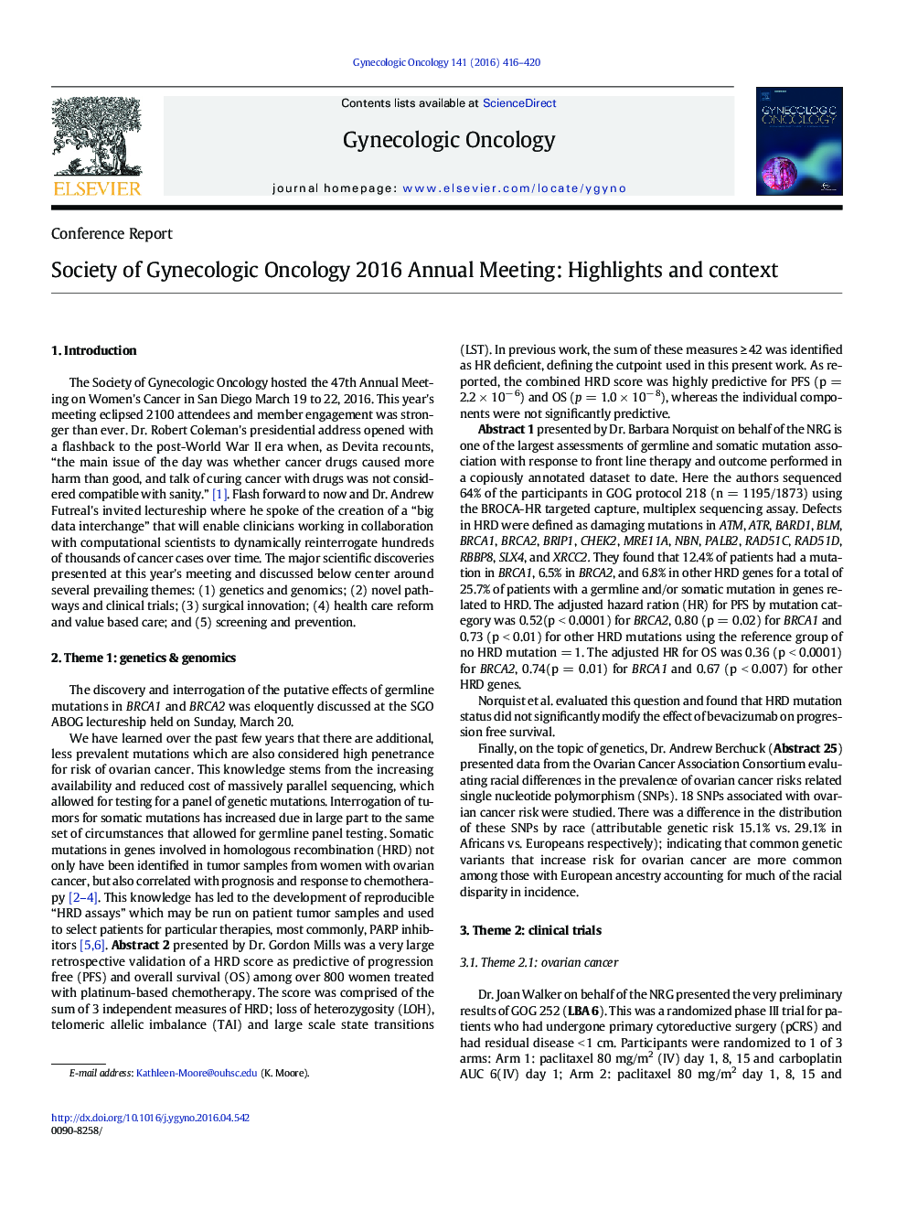 Society of Gynecologic Oncology 2016 Annual Meeting: Highlights and context