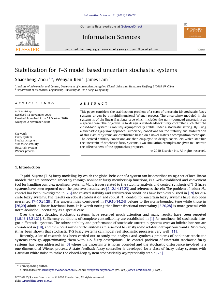 Stabilization for T–S model based uncertain stochastic systems