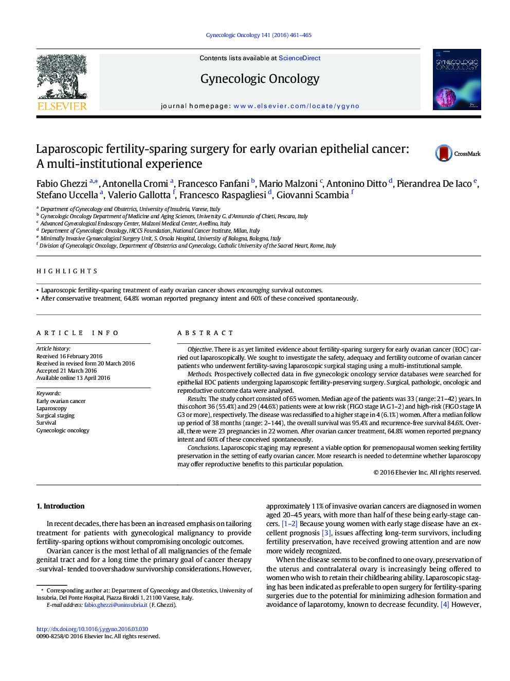 Laparoscopic fertility-sparing surgery for early ovarian epithelial cancer: A multi-institutional experience