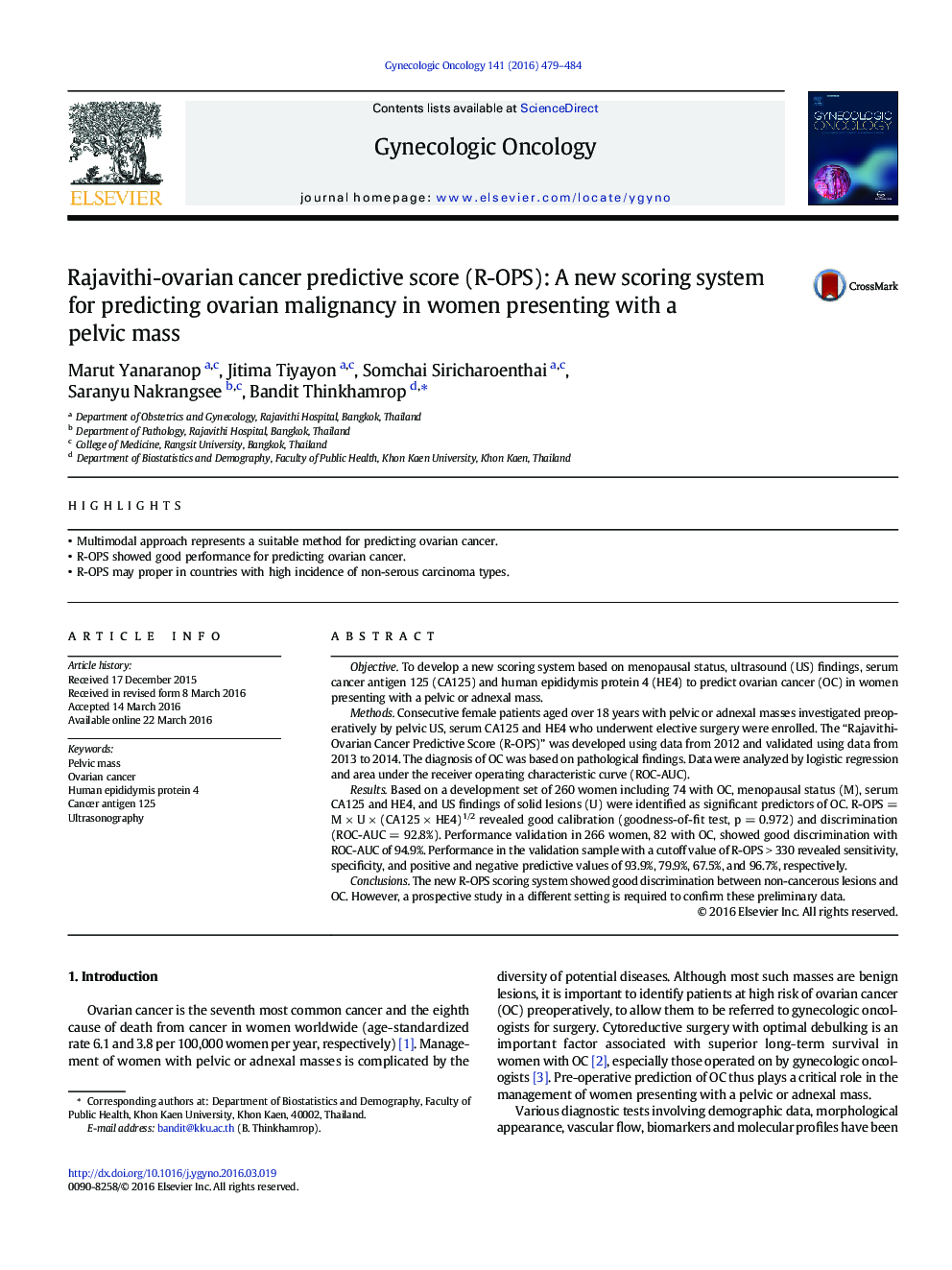 Rajavithi-ovarian cancer predictive score (R-OPS): A new scoring system for predicting ovarian malignancy in women presenting with a pelvic mass