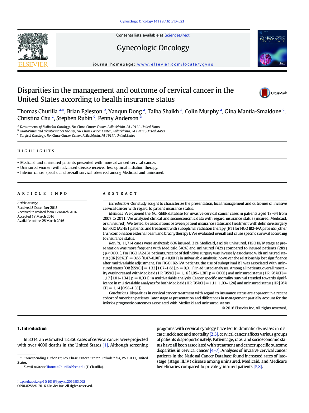 Disparities in the management and outcome of cervical cancer in the United States according to health insurance status