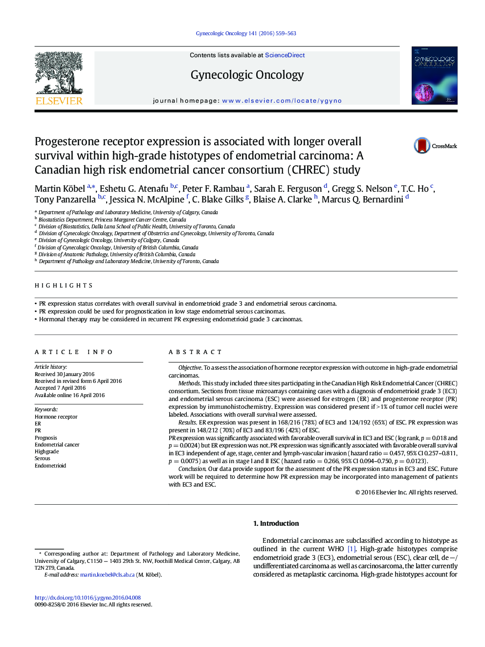 Progesterone receptor expression is associated with longer overall survival within high-grade histotypes of endometrial carcinoma: A Canadian high risk endometrial cancer consortium (CHREC) study