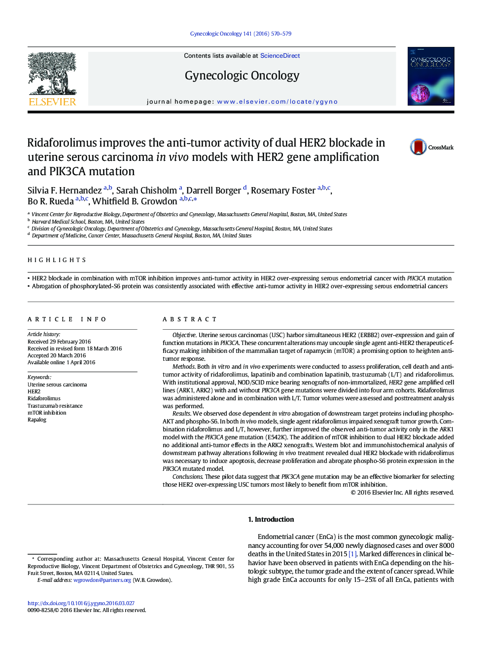 Ridaforolimus improves the anti-tumor activity of dual HER2 blockade in uterine serous carcinoma in vivo models with HER2 gene amplification and PIK3CA mutation