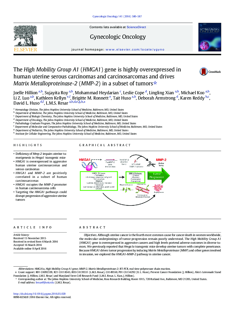 The High Mobility Group A1 (HMGA1) gene is highly overexpressed in human uterine serous carcinomas and carcinosarcomas and drives Matrix Metalloproteinase-2 (MMP-2) in a subset of tumors 