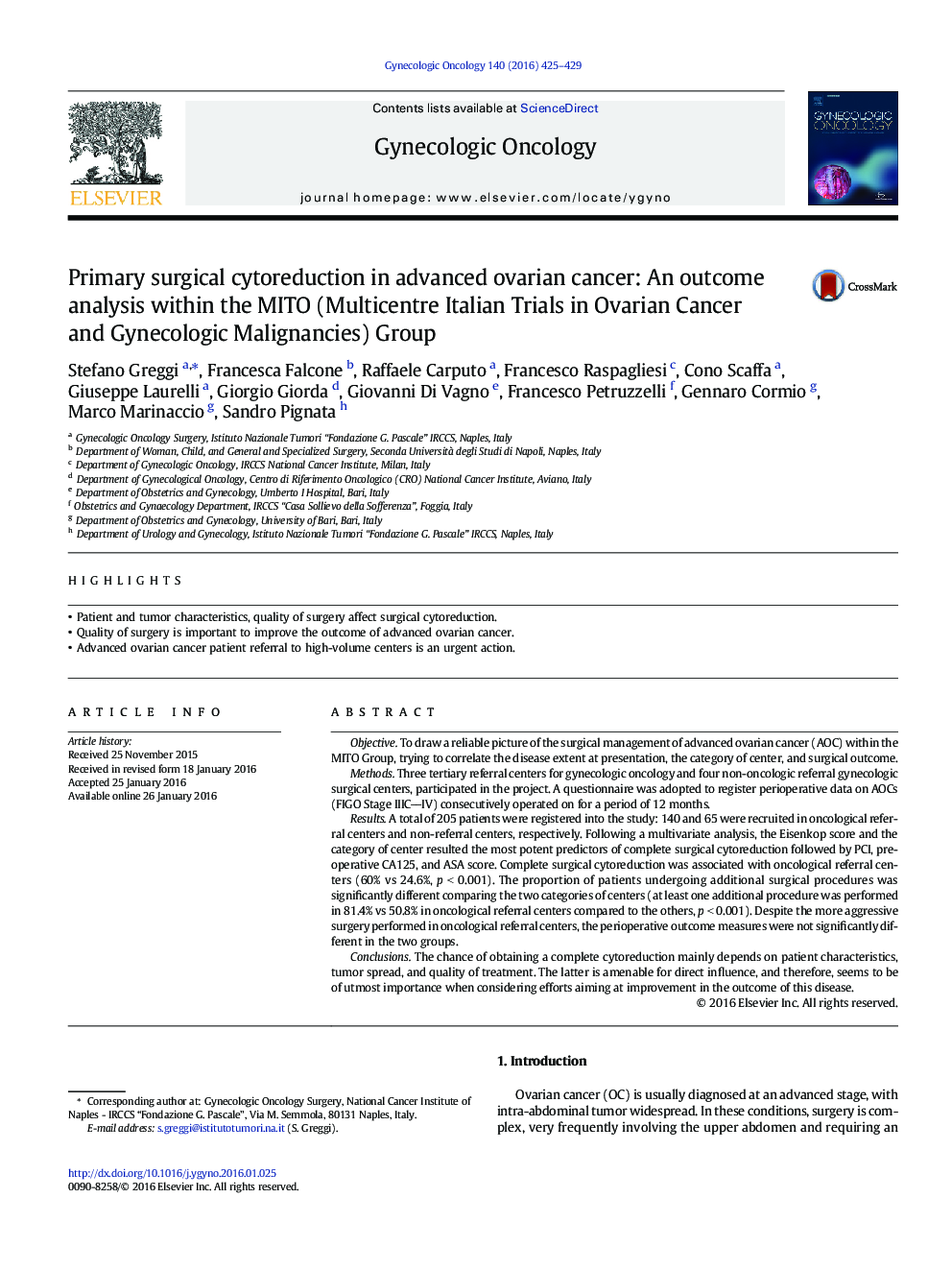 Primary surgical cytoreduction in advanced ovarian cancer: An outcome analysis within the MITO (Multicentre Italian Trials in Ovarian Cancer and Gynecologic Malignancies) Group