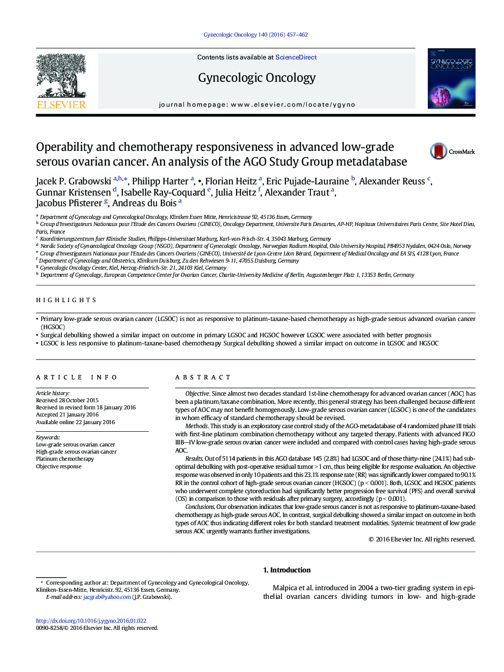 Operability and chemotherapy responsiveness in advanced low-grade serous ovarian cancer. An analysis of the AGO Study Group metadatabase