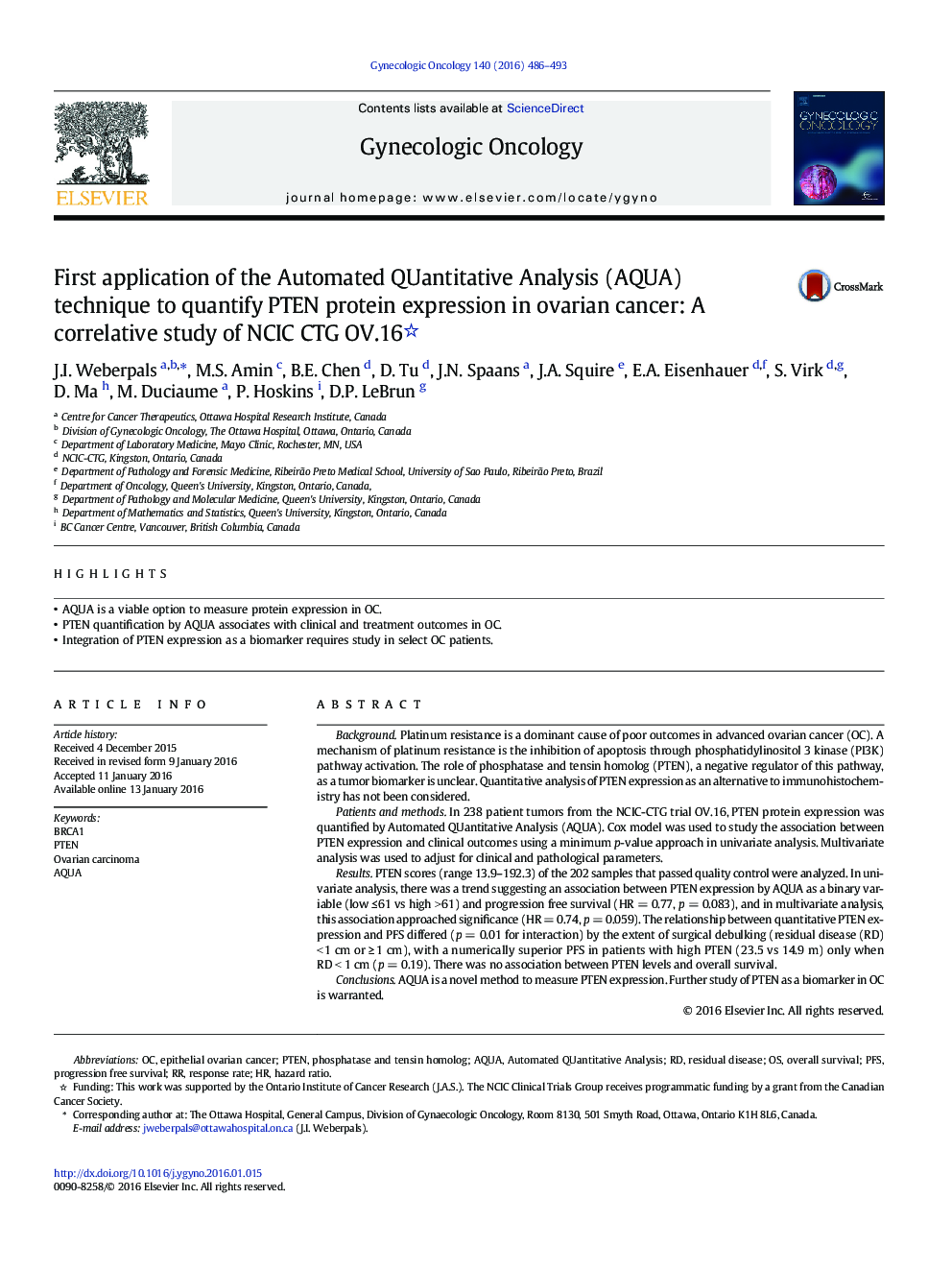 First application of the Automated QUantitative Analysis (AQUA) technique to quantify PTEN protein expression in ovarian cancer: A correlative study of NCIC CTG OV.16 