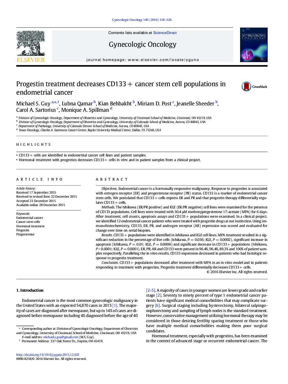 Progestin treatment decreases CD133 + cancer stem cell populations in endometrial cancer