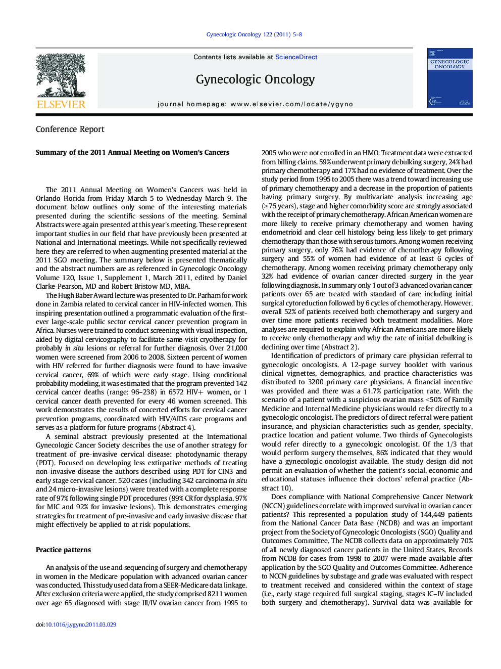 Summary of the 2011 Annual Meeting on Women's Cancers