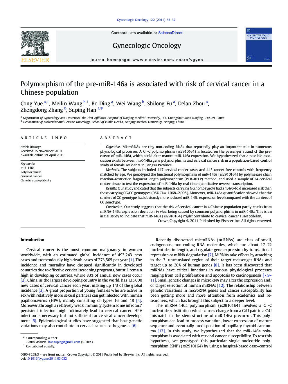 Polymorphism of the pre-miR-146a is associated with risk of cervical cancer in a Chinese population