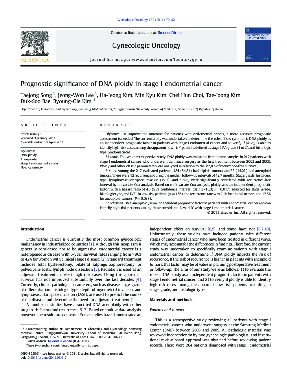 Prognostic significance of DNA ploidy in stage I endometrial cancer