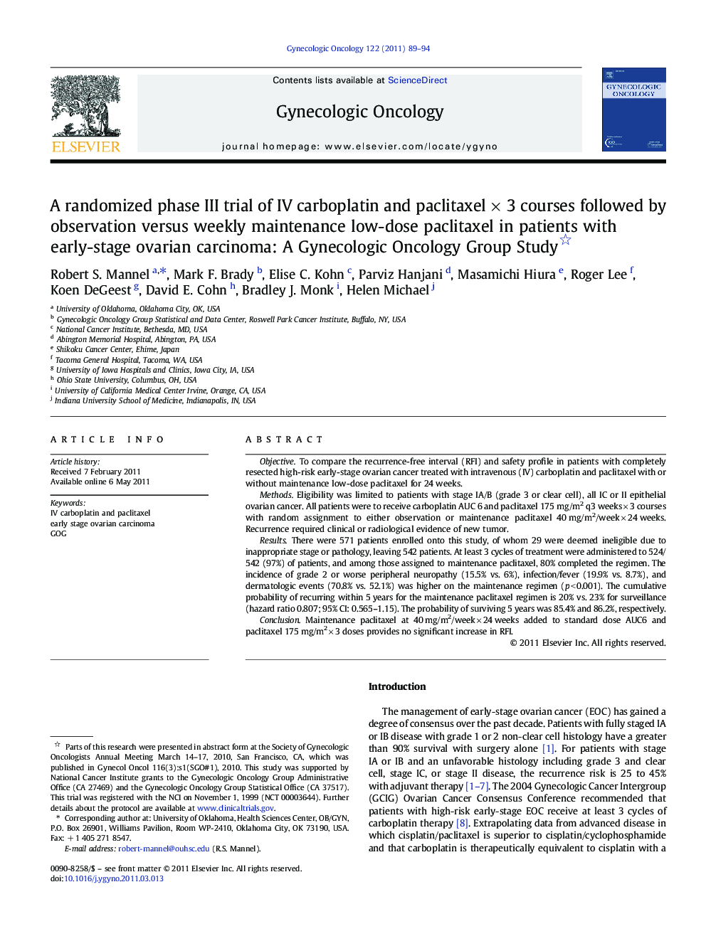 A randomized phase III trial of IV carboplatin and paclitaxel × 3 courses followed by observation versus weekly maintenance low-dose paclitaxel in patients with early-stage ovarian carcinoma: A Gynecologic Oncology Group Study 