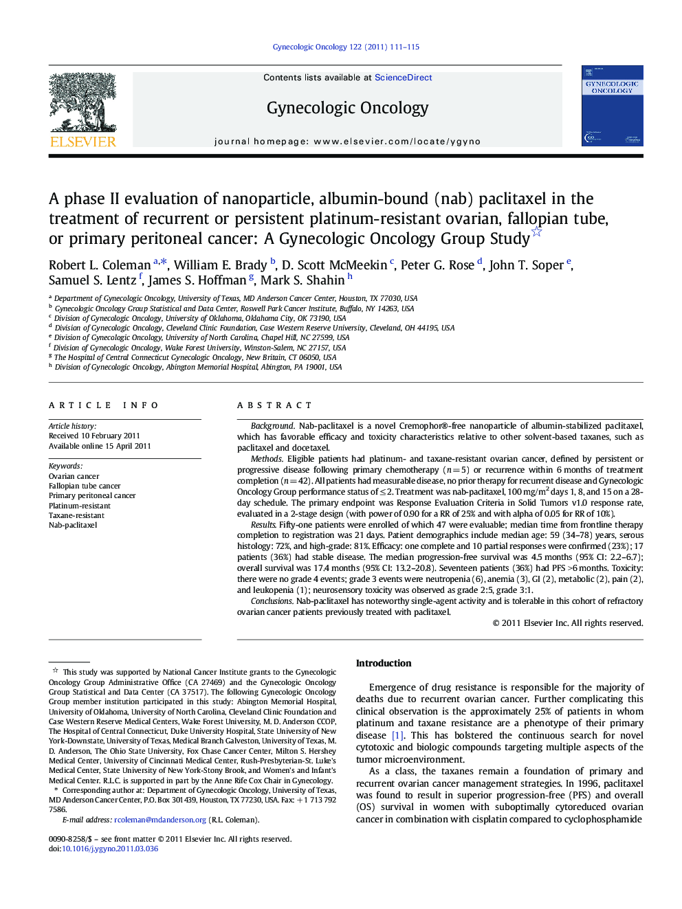 A phase II evaluation of nanoparticle, albumin-bound (nab) paclitaxel in the treatment of recurrent or persistent platinum-resistant ovarian, fallopian tube, or primary peritoneal cancer: A Gynecologic Oncology Group Study 