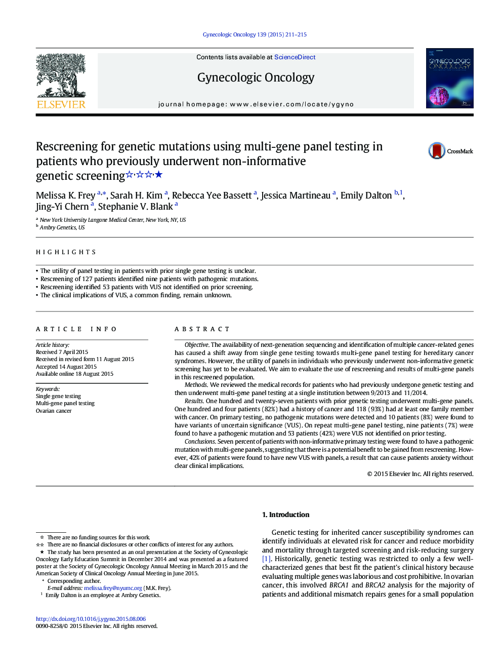 Rescreening for genetic mutations using multi-gene panel testing in patients who previously underwent non-informative genetic screening ★