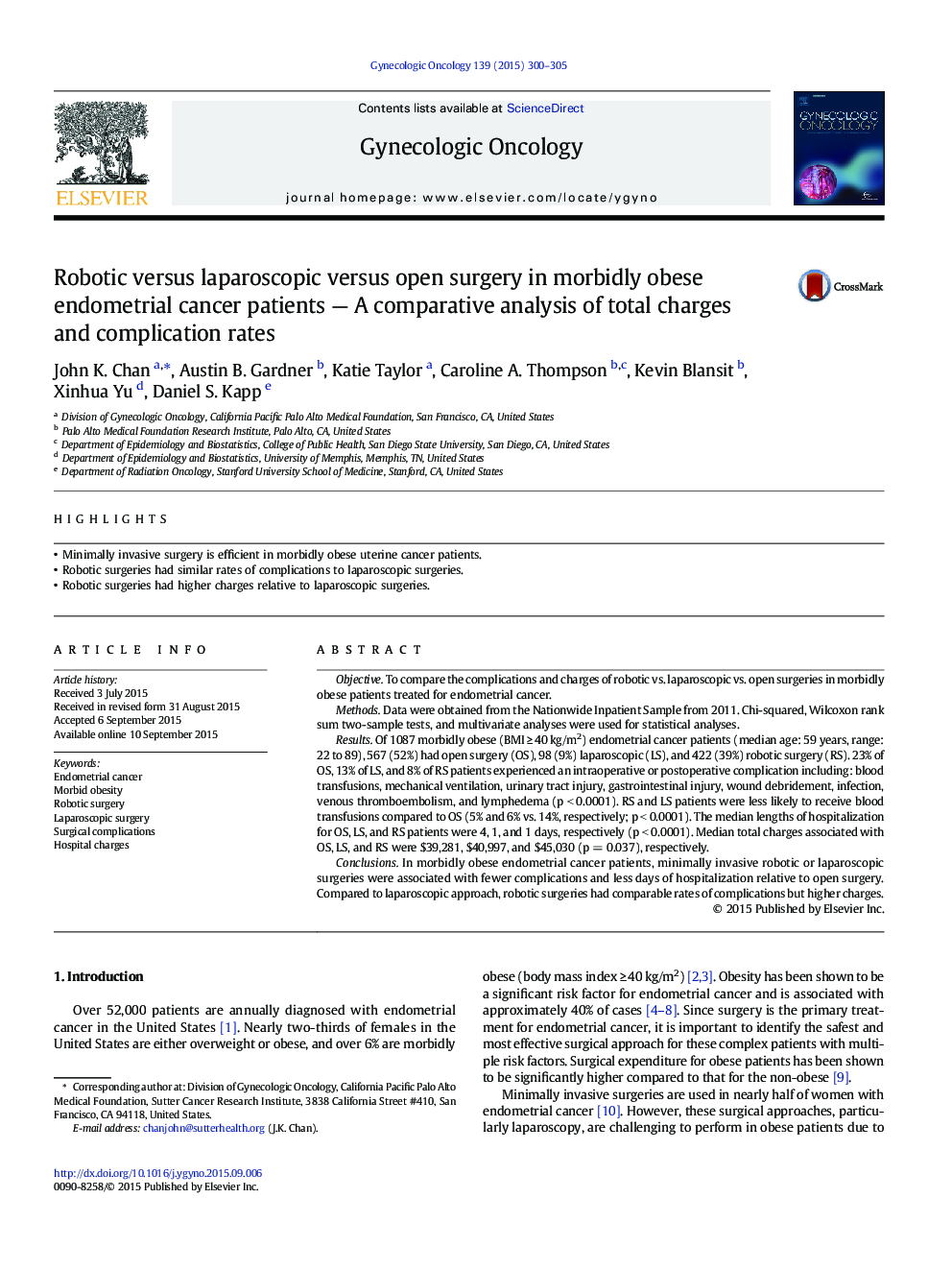 Robotic versus laparoscopic versus open surgery in morbidly obese endometrial cancer patients — A comparative analysis of total charges and complication rates