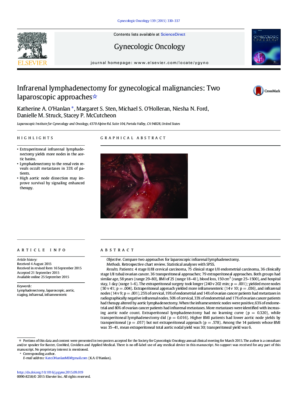 Infrarenal lymphadenectomy for gynecological malignancies: Two laparoscopic approaches 