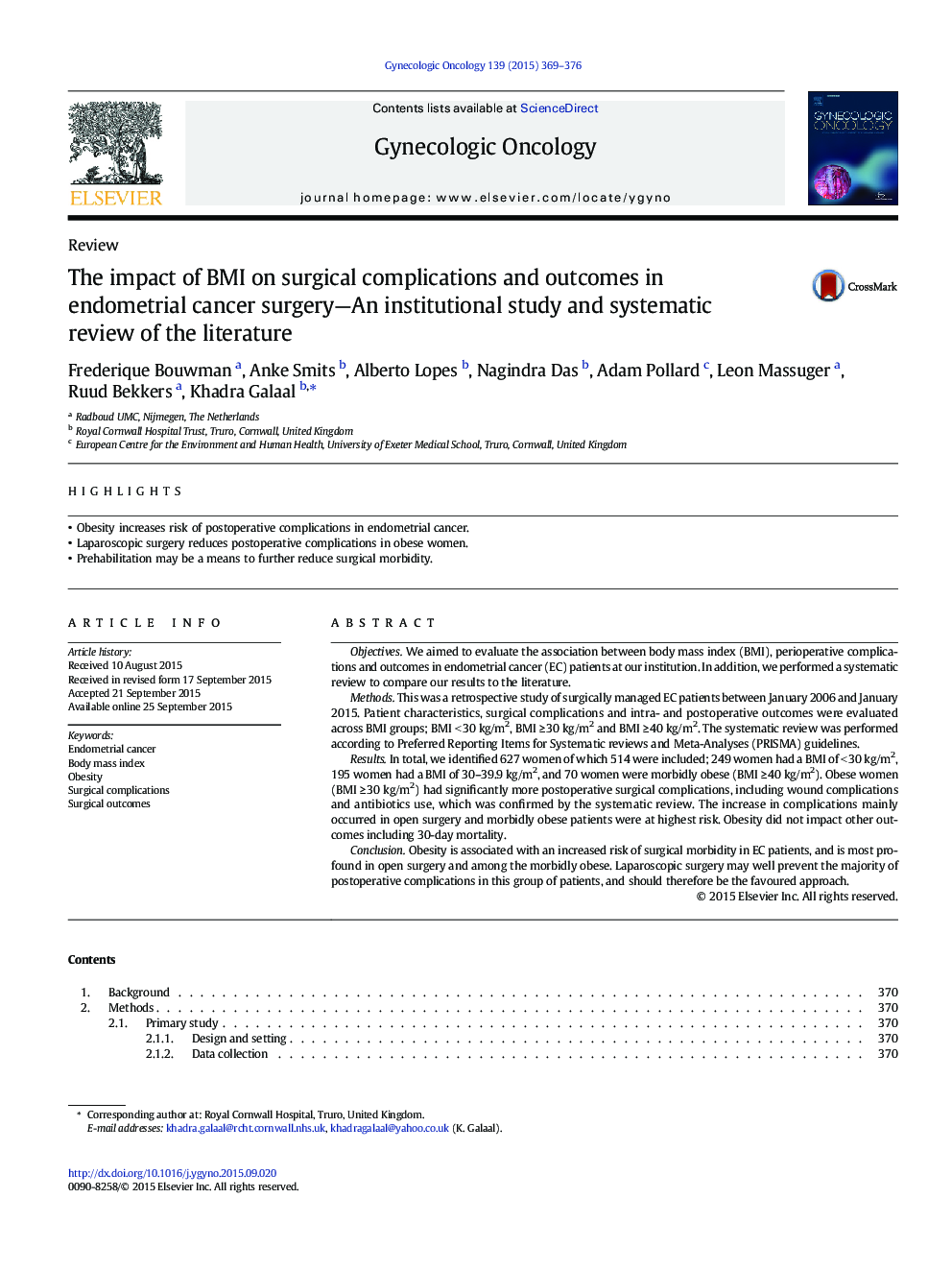 The impact of BMI on surgical complications and outcomes in endometrial cancer surgery—An institutional study and systematic review of the literature