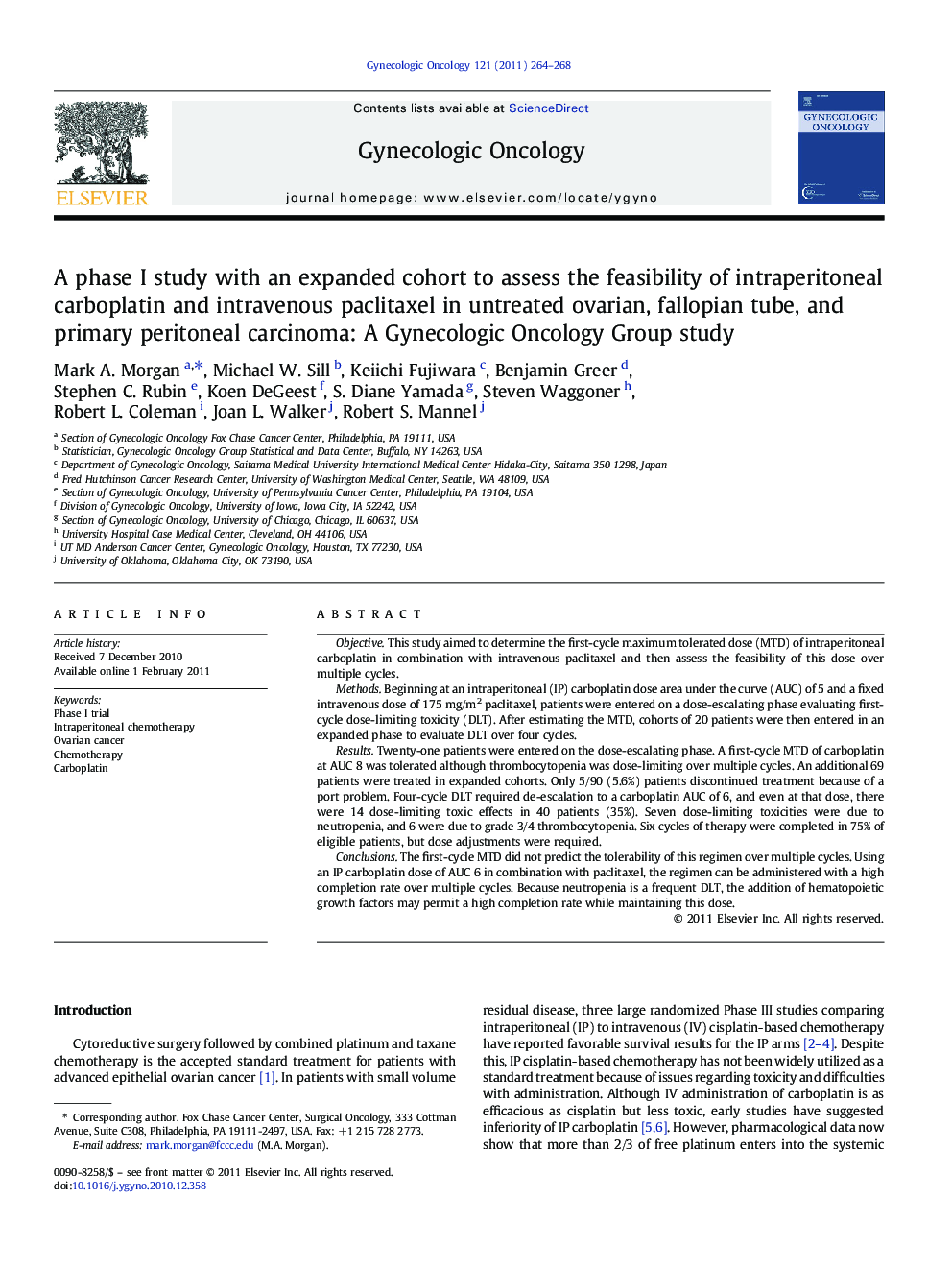 A phase I study with an expanded cohort to assess the feasibility of intraperitoneal carboplatin and intravenous paclitaxel in untreated ovarian, fallopian tube, and primary peritoneal carcinoma: A Gynecologic Oncology Group study