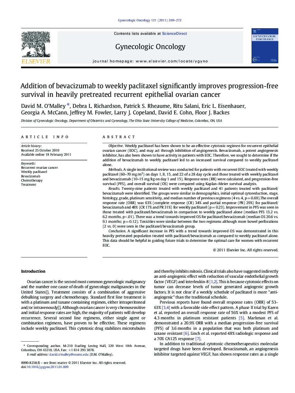 Addition of bevacizumab to weekly paclitaxel significantly improves progression-free survival in heavily pretreated recurrent epithelial ovarian cancer