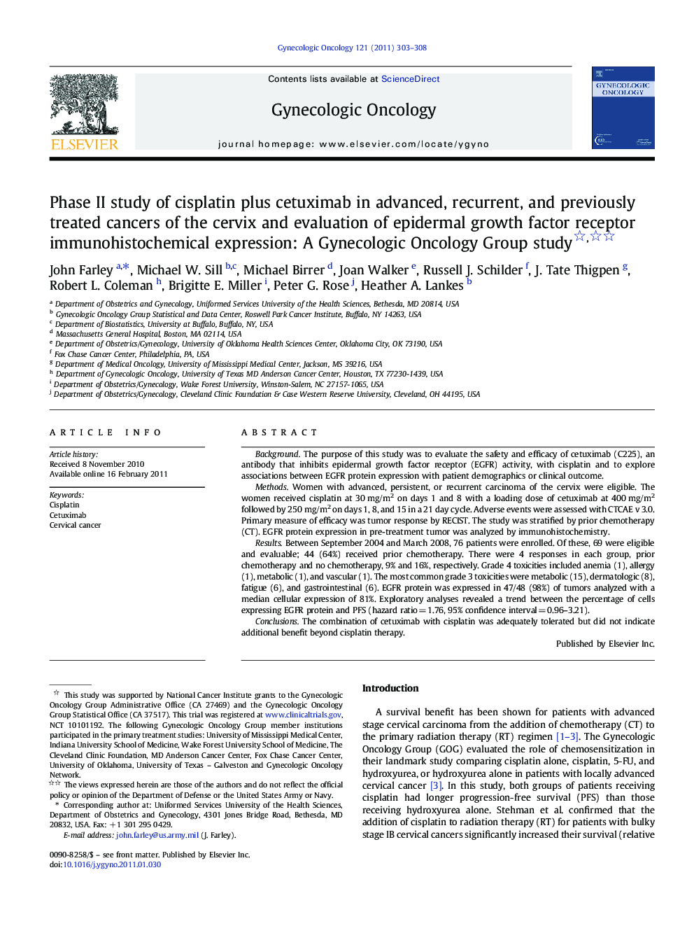 Phase II study of cisplatin plus cetuximab in advanced, recurrent, and previously treated cancers of the cervix and evaluation of epidermal growth factor receptor immunohistochemical expression: A Gynecologic Oncology Group study 