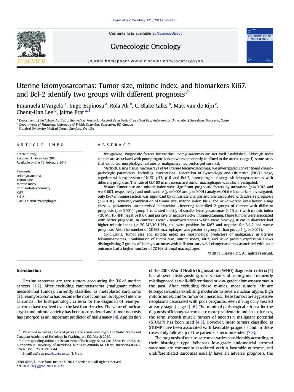 Uterine leiomyosarcomas: Tumor size, mitotic index, and biomarkers Ki67, and Bcl-2 identify two groups with different prognosis 