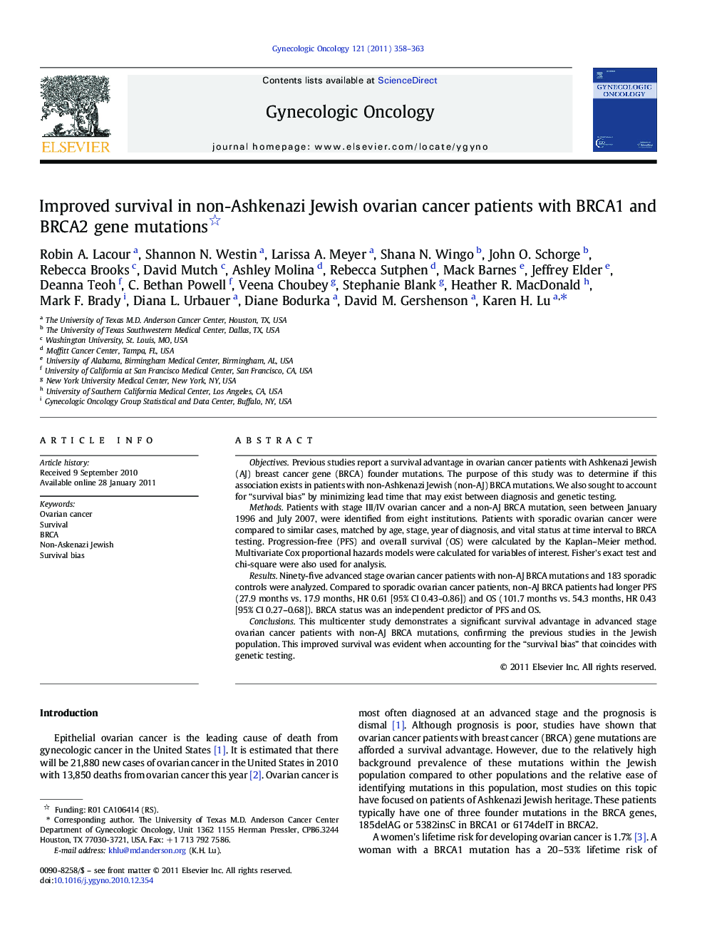 Improved survival in non-Ashkenazi Jewish ovarian cancer patients with BRCA1 and BRCA2 gene mutations 