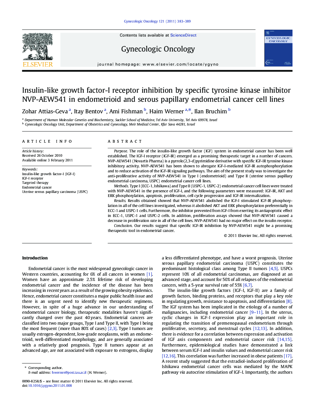 Insulin-like growth factor-I receptor inhibition by specific tyrosine kinase inhibitor NVP-AEW541 in endometrioid and serous papillary endometrial cancer cell lines