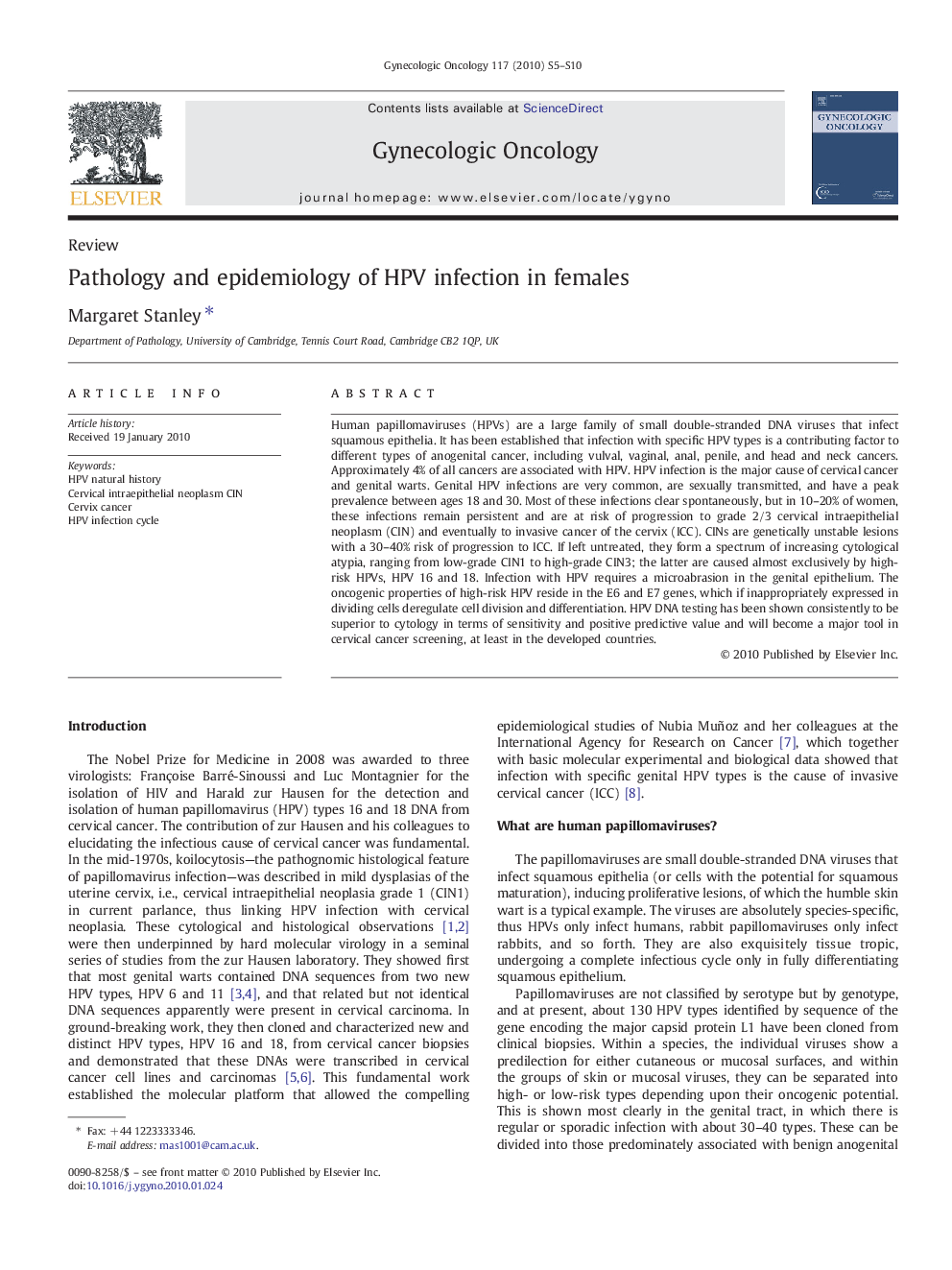 Pathology and epidemiology of HPV infection in females